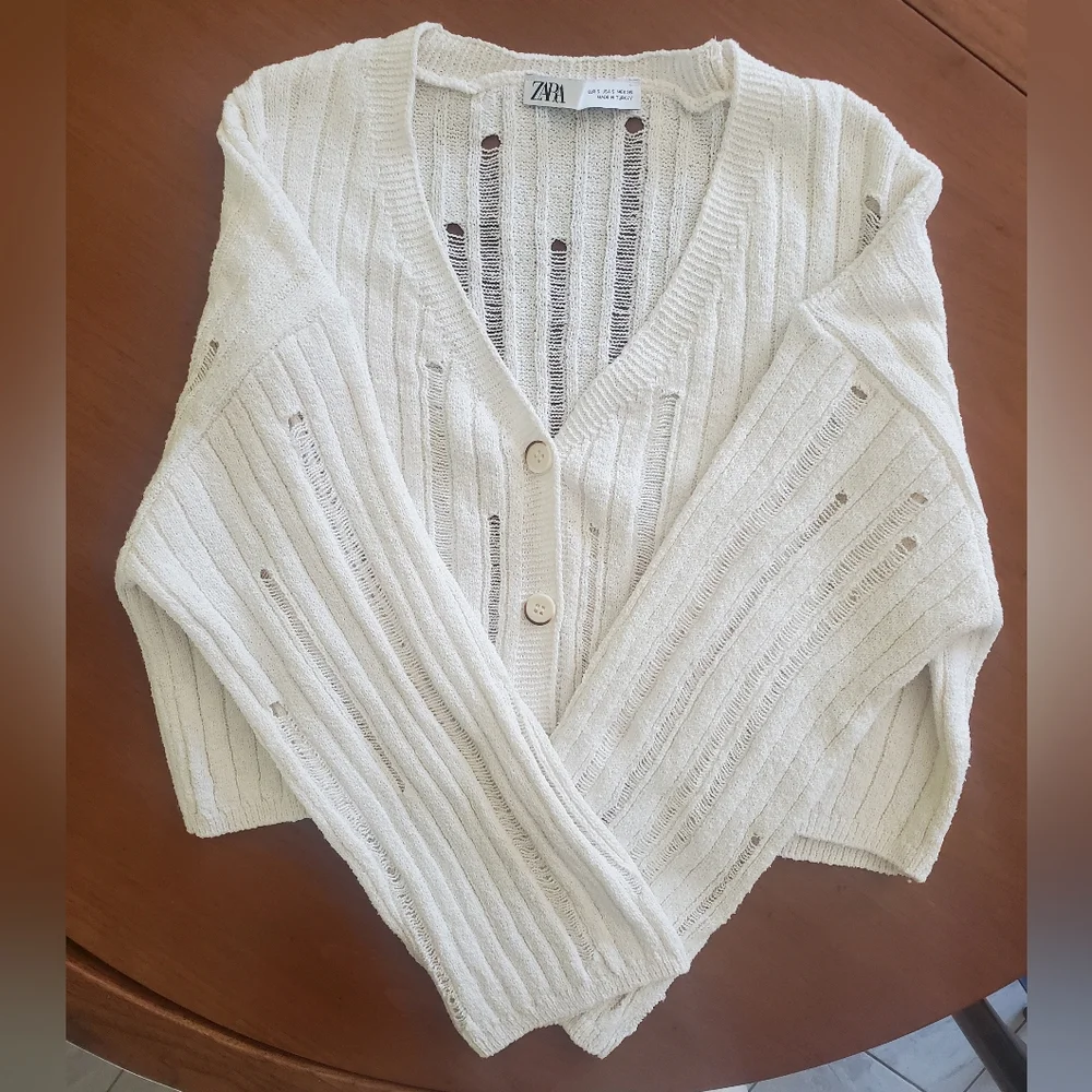 3 for $20 Zara Open Knit Distressed Cardigan - Picture 7 of 8